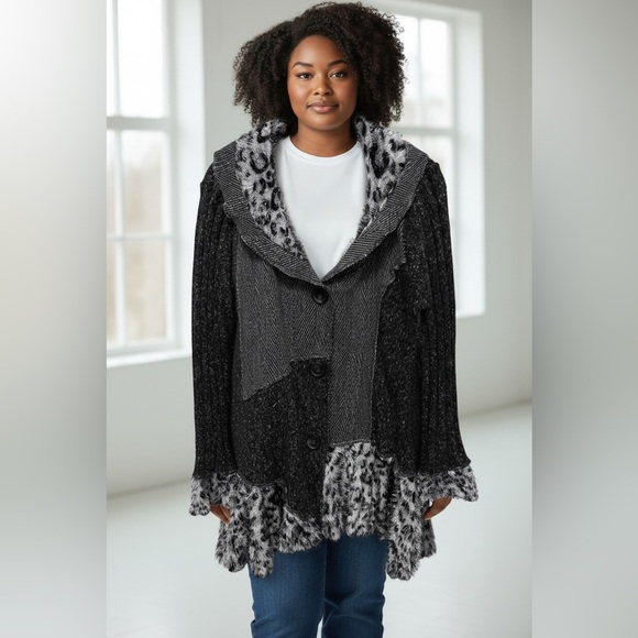 Sioni Sweaters - Sioni Women's Patchwork Sweater Fuzzy Ribbed Animal Print Size Large.